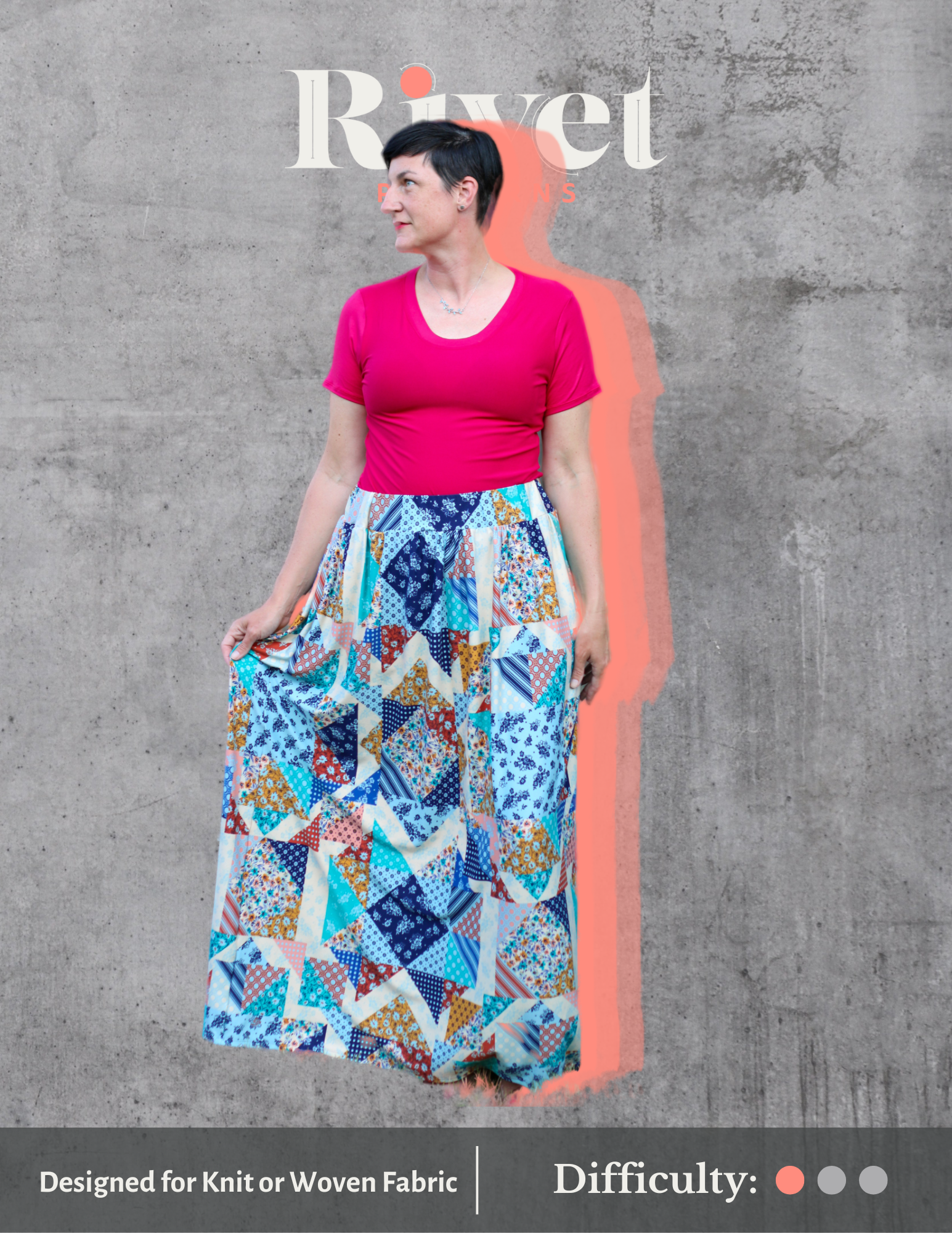 Image of patchwork Rivet Patterns Forsythia Gathered Skirt maxi length
