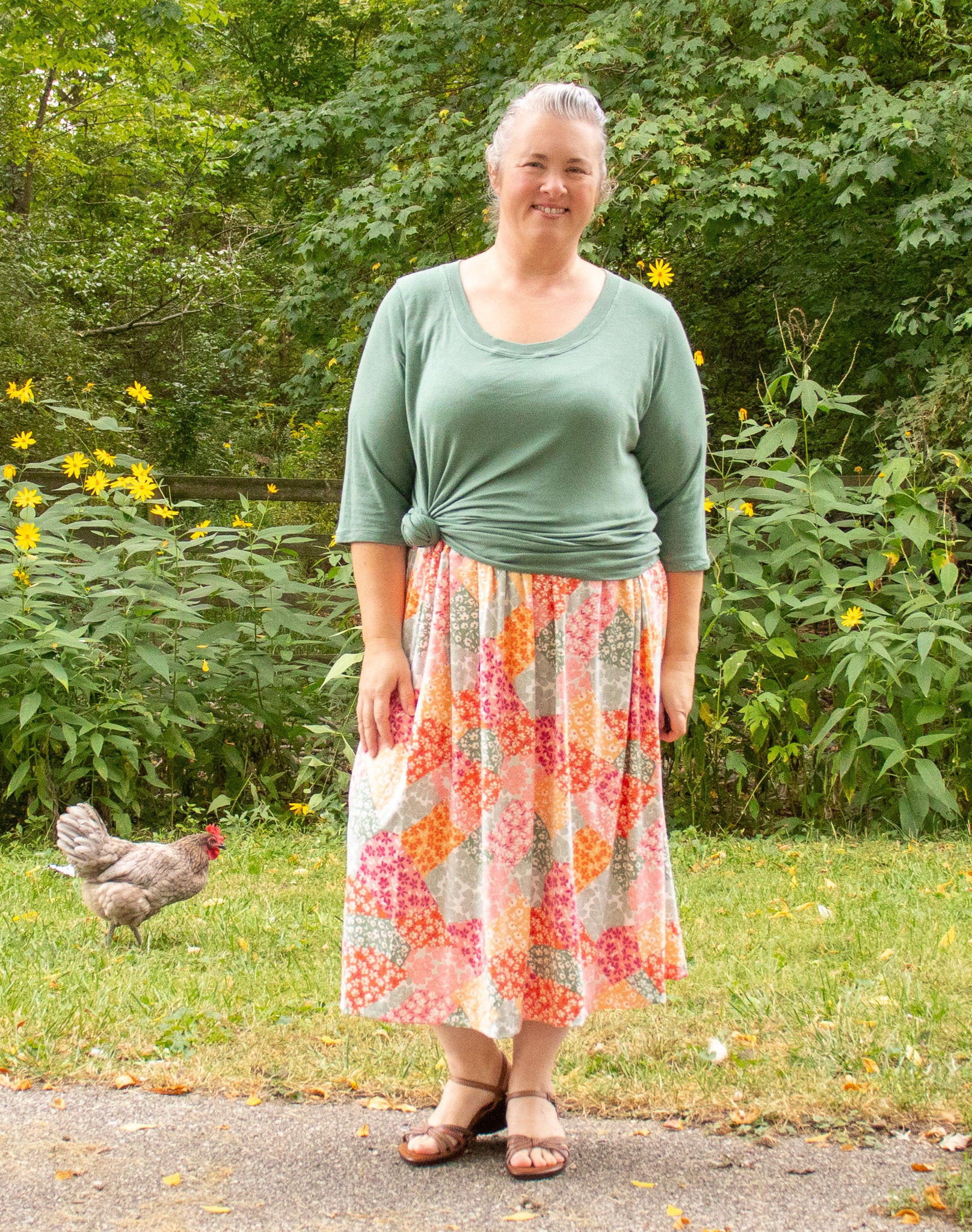 Image of patchwork Rivet Patterns Forsythia Gathered Skirt midi length