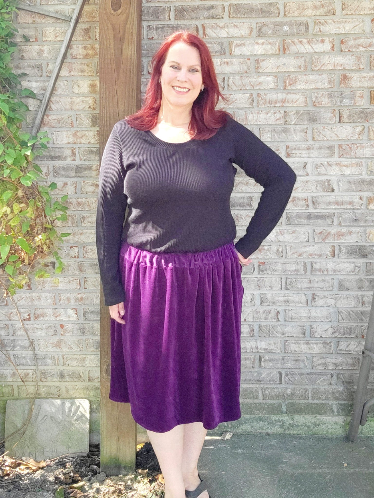 Image of purple Rivet Patterns Forsythia Gathered Skirt knee length