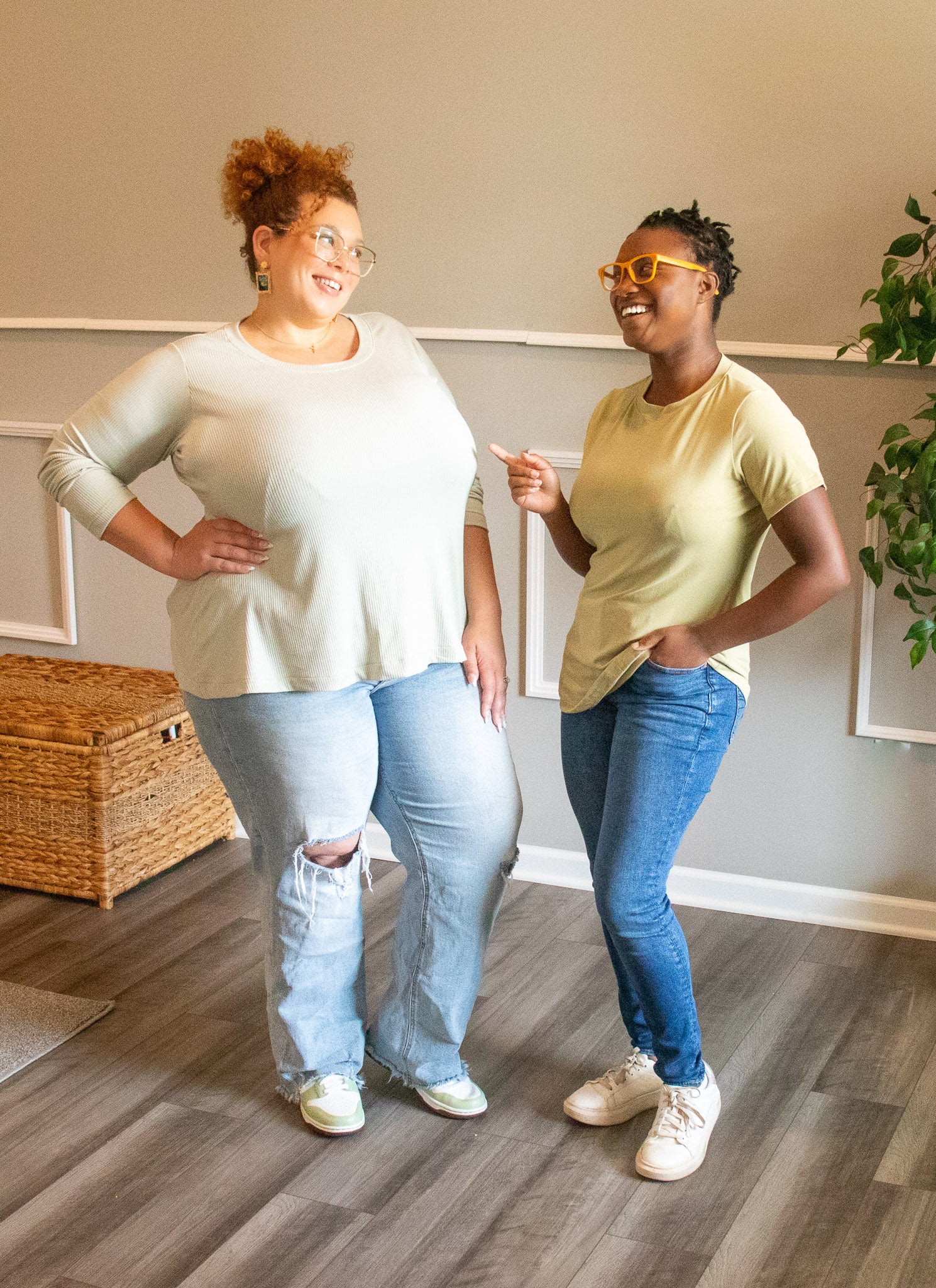 Image of two people wearing Rivet Patterns Heather Tee white long sleeve, yellow short sleeve